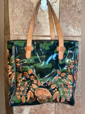Consuela Green Camo Floral Embroidered Tote Bag with Tan Handles